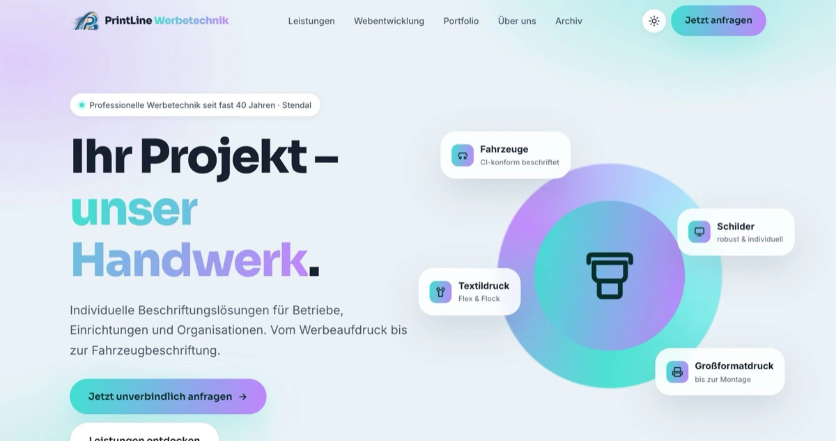 Referenz Webentwicklung: die Website von PrintLine Werbetechnik (werbung-kroner.de)